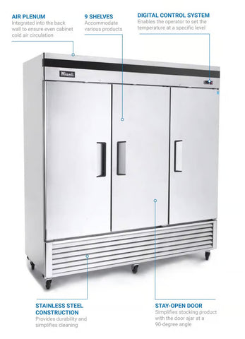 Migali C-3FB-HC 81" Three Section Reach In Freezer, (3) Solid Doors, 115/208-230v/1ph
